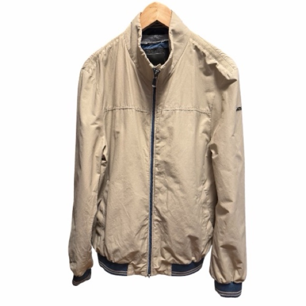 GEOX Lightweight Beige Bomber Jacket - Accent Stripes on Blue Cuffs &Waistband